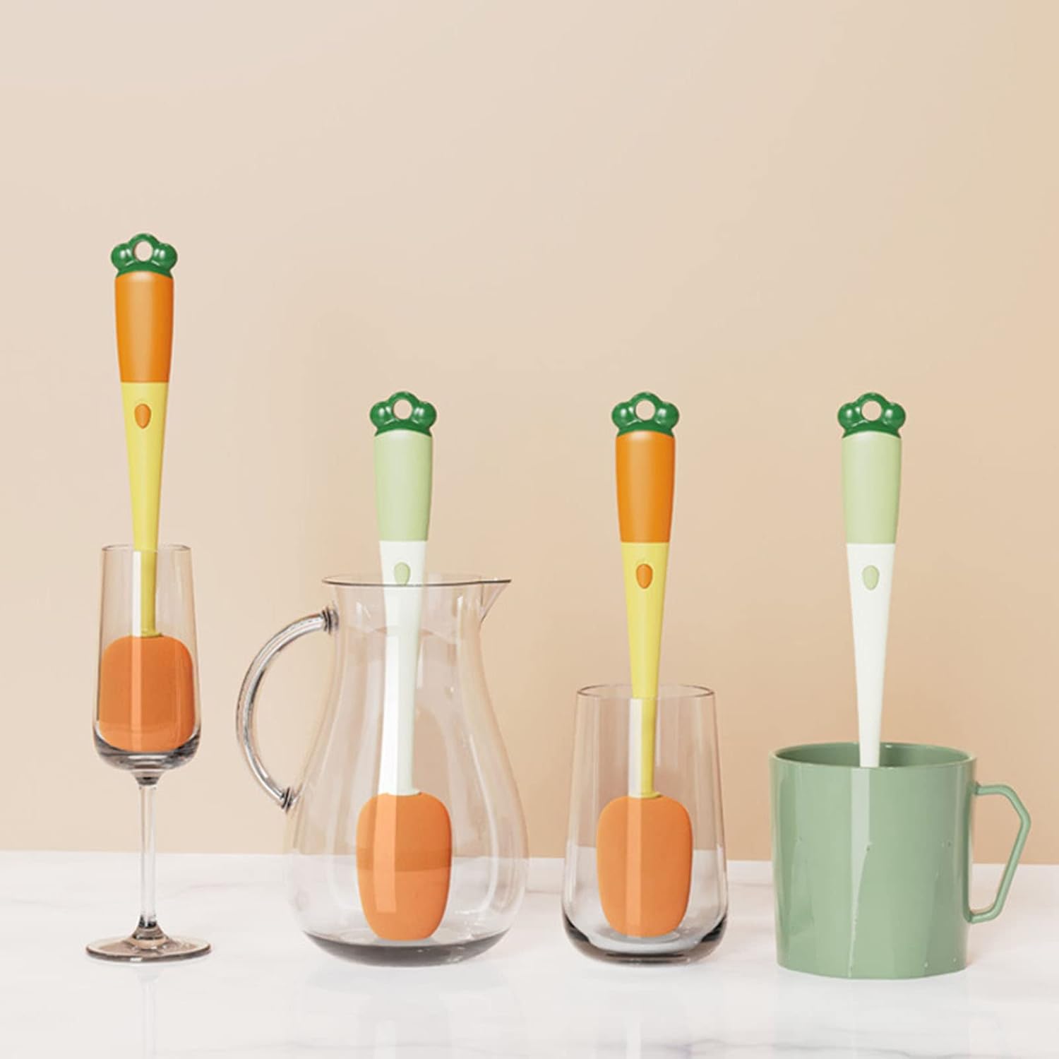 2 Pack 3-in-1 Bottle Cleaning Brushes with Sponge Head, Crevice Brush and Soft Rubber Scraper for Cups and Baby Bottles, Orange and Green — image 5