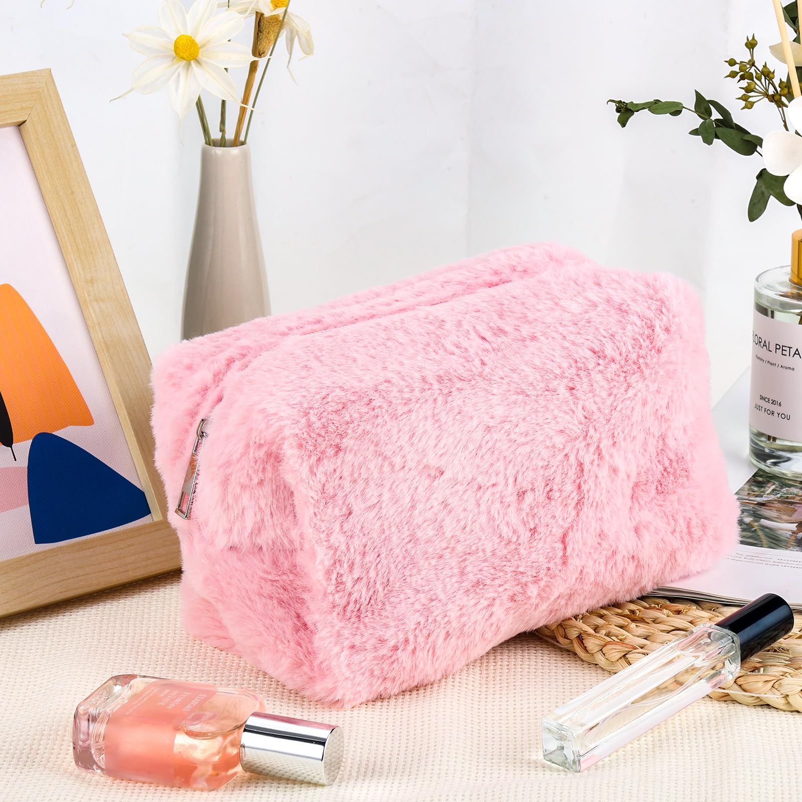 Makeup Bag for Women Medium Travel Cosmetic Bag Cute Plush Pink Makeup Pouch for Purse Zipper Toiletry Bag Organizer Cute — image 4