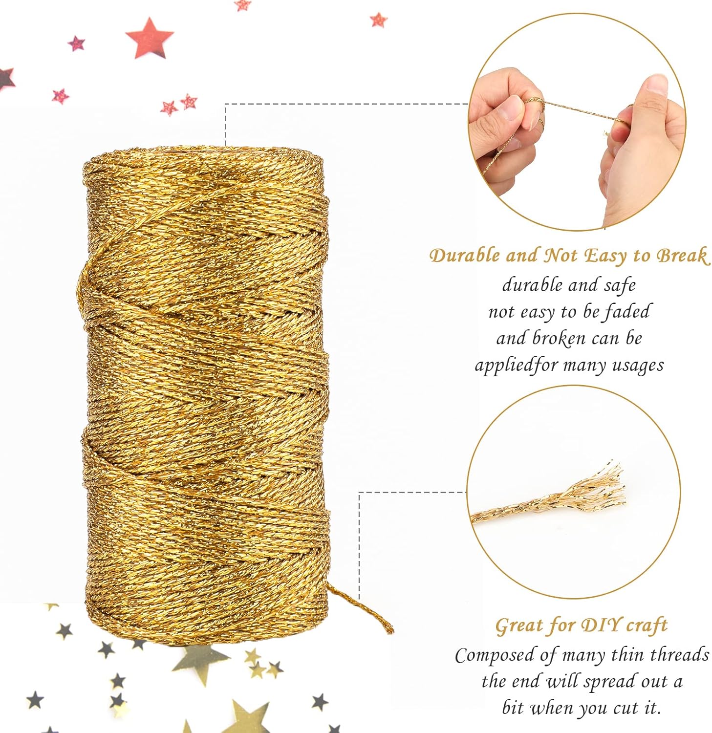 328 Feet Gold String Twine - 1.5mm Metallic Ornament Thread Gift Wrapping - Inelastic Macrame Glitter Gold Cord for Gift Wrapping, DIY Crafts, Bracelets — image 3
