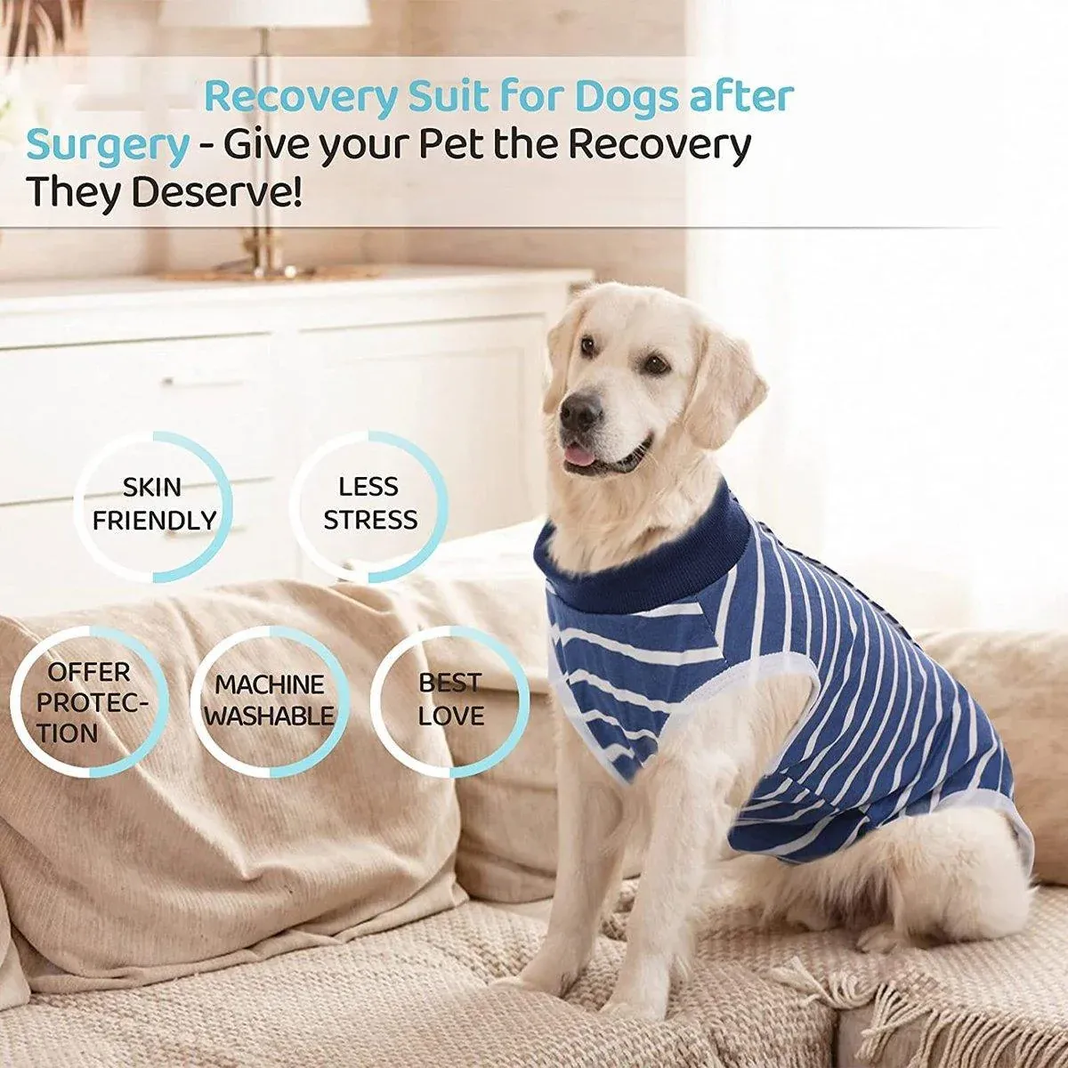 Dog Recovery Suit Anti-Lick Wound Protector Pet Clothing Post-Surgery Belly - Stripes-XL — image 5