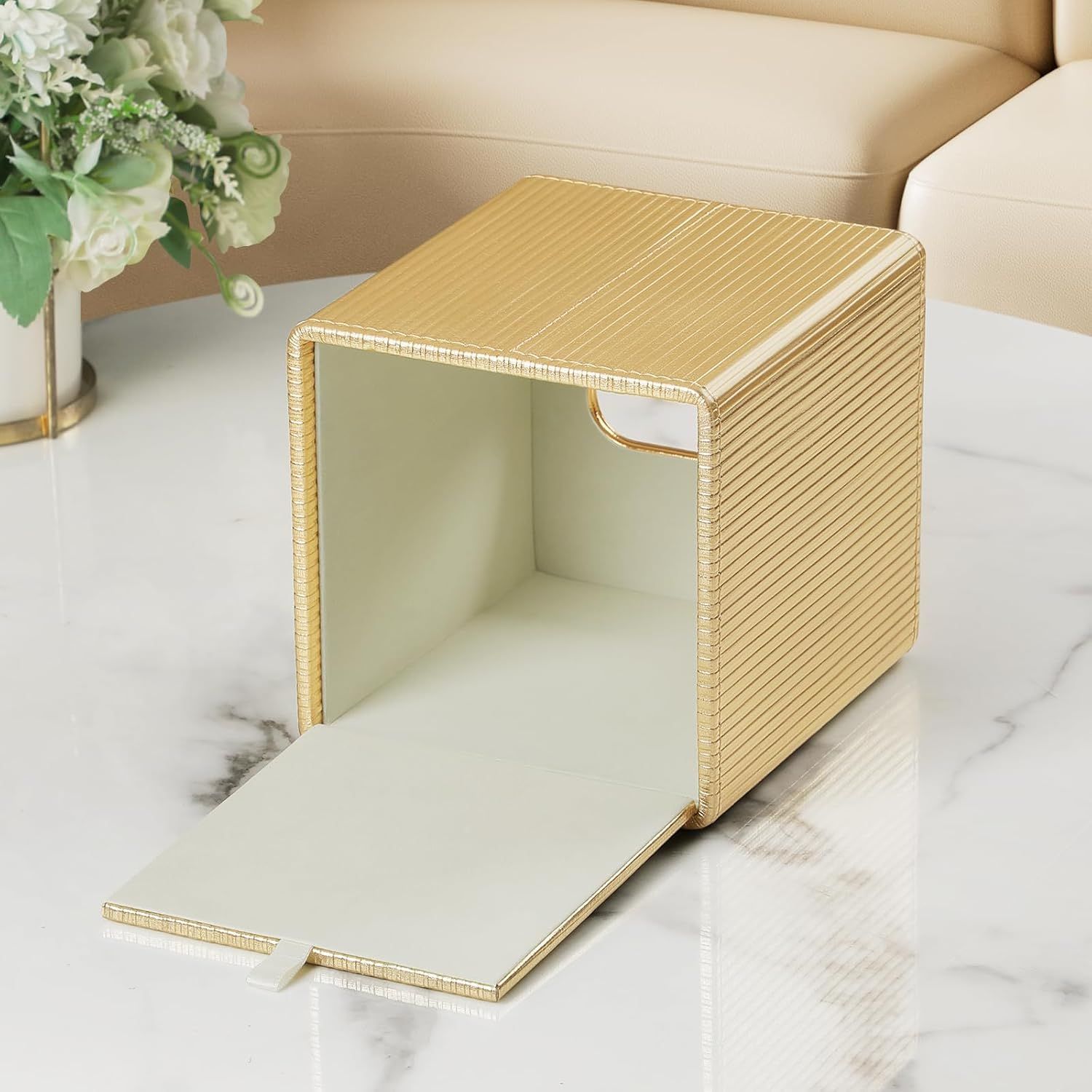 PU Leather Tissue Box Cover Square, Cube Tissue Box Holder with Magnetic Closure, Decorative Tissue Holder for Bathroom Bedroom Office (Gold, Square) โ image 3