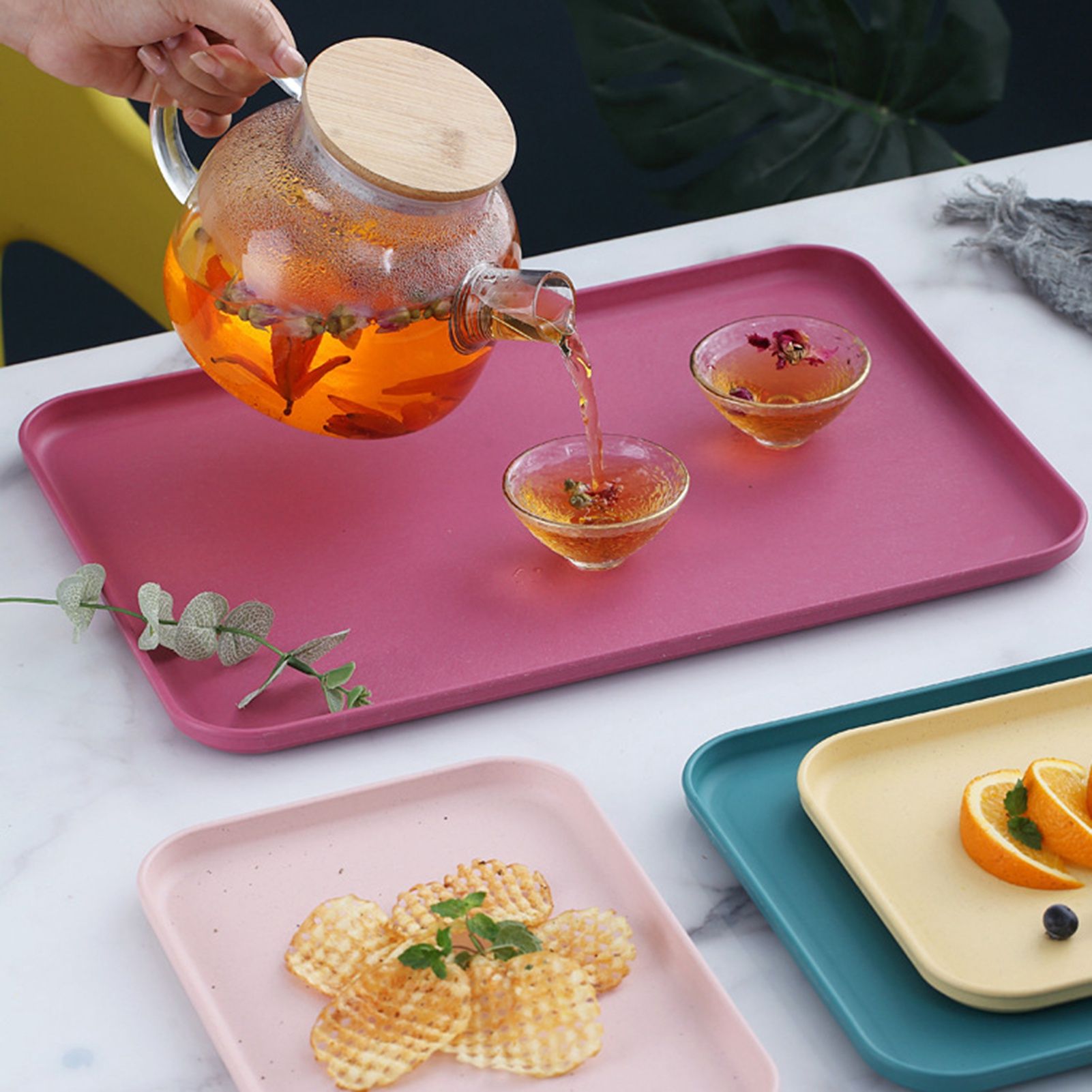 Kitchen Serving Tray Wheat Straw Rectangular Nordic Style Cupcake Fruit Snack Tea Tray for Home Office Restaurant Light Green S (Approx. 25x17cm / — image 2