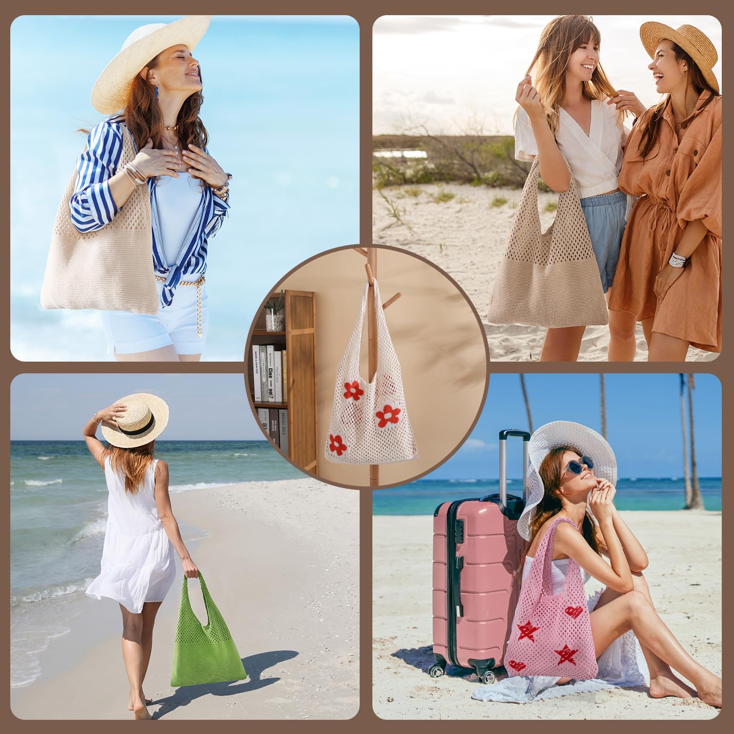 Crochet Beach Tote Bags, Stylish Mesh Beach Bags Shoulder Bag for Women, Cute Summer Vacation Boho Tote Bag — image 2