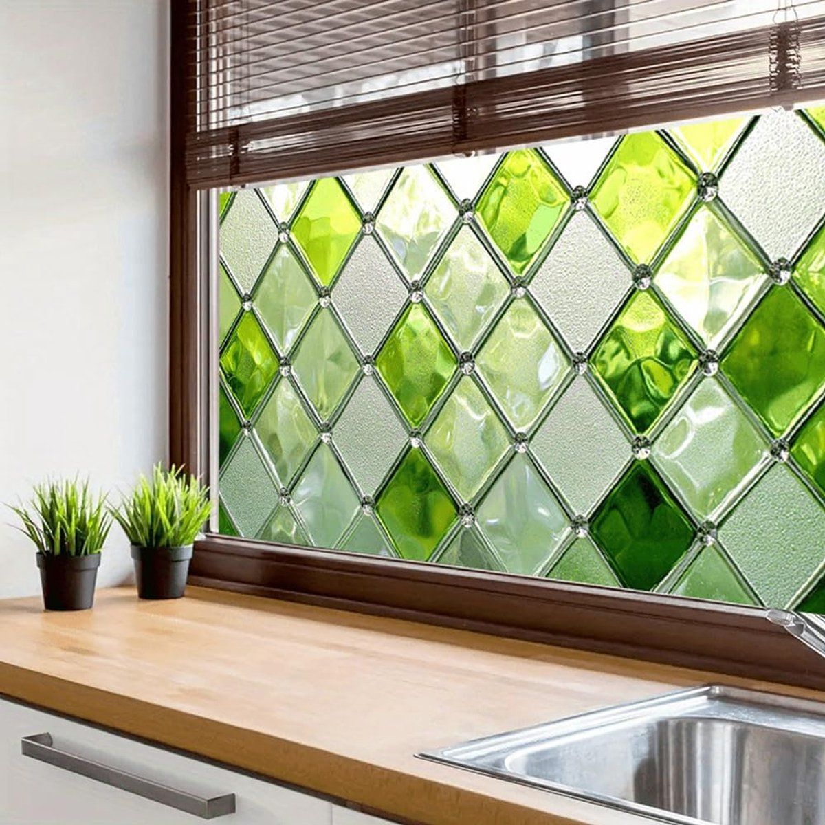 Green Stained Glass Privacy Window Film, Static-Cling Decorative Sticker, 100 × 45 cm — image 2