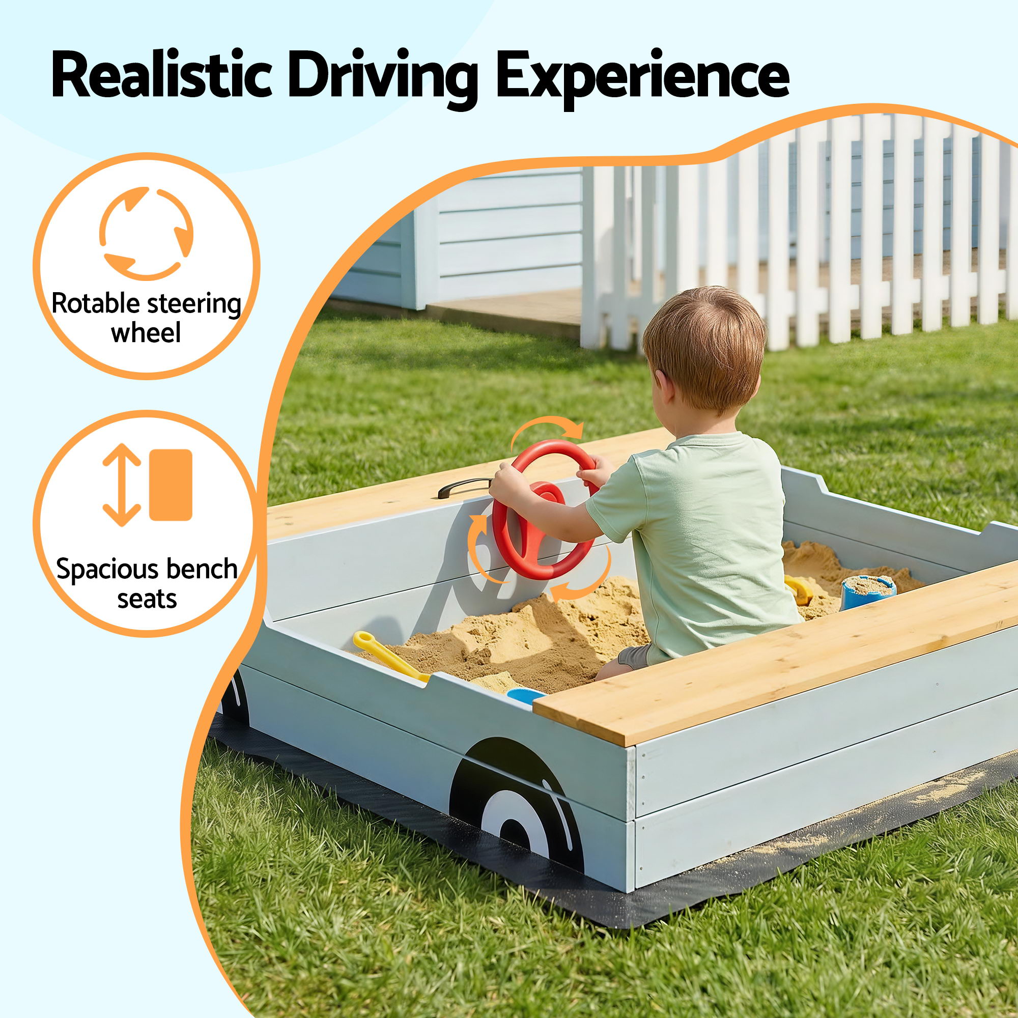 Keezi Wooden Car Sandpit Kids Sandbox Outdoor Play Toy w/ Storage Ground Sheet 120cm — image 4