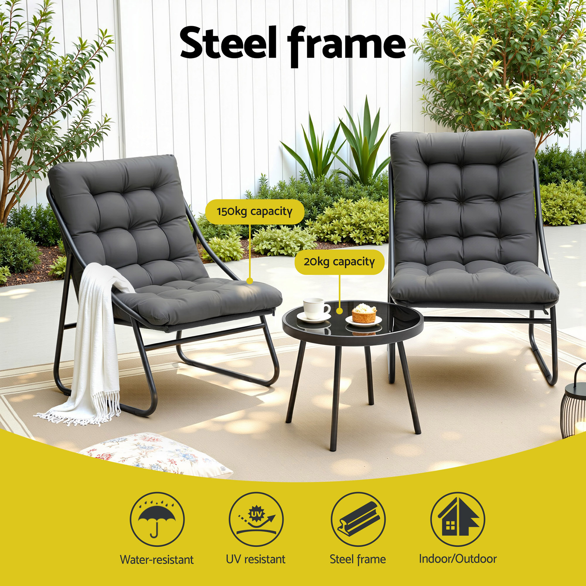 Gardeon 3PC Outdoor Bistro Set Patio Furniture Table and Chairs Steel Dining Chair โ image 4
