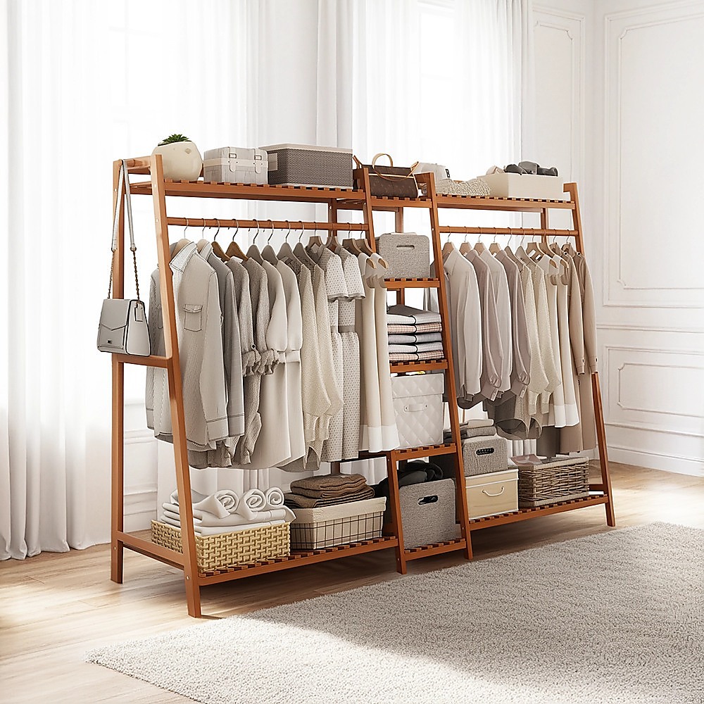 Portable Clothes Rack Coat Garment Stand Bamboo Rail Hanger Airer Closet โ image 2