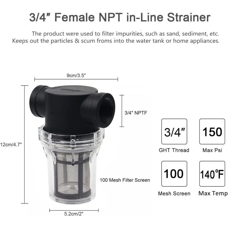 Water Pump Inline Filter with 100 Mesh Stainless Steel Strainer for Garden Watering, 0.75 Inch — image 4