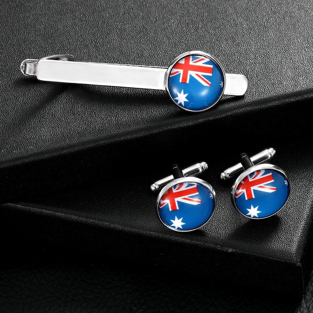 Elevate formal style with this sleek tie clip and cufflink set, showcasing vibrant flag-inspired circular enamel inlays on polished silver-toned metal, perfect β image 5