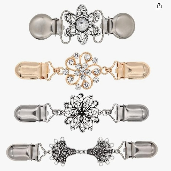 4 pcs Silvery and Yellow Vintage Sweater Shawl Clip Brooch - Decorative Cardigan Collar Fastener with Rhinestone and Floral Design, Retro Alloy Cape Clasp for