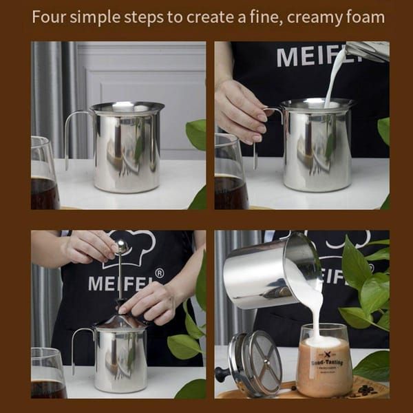 400ML 304 Stainless Steel Manual Milk Frother, Double Mesh Strainer Hand Pump Frothing Pitcher — image 6
