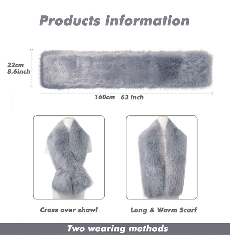 Faux Fur Scarf Shawl for Women, Warm Long Large, with Faux Fur Trim, Gray โ image 2