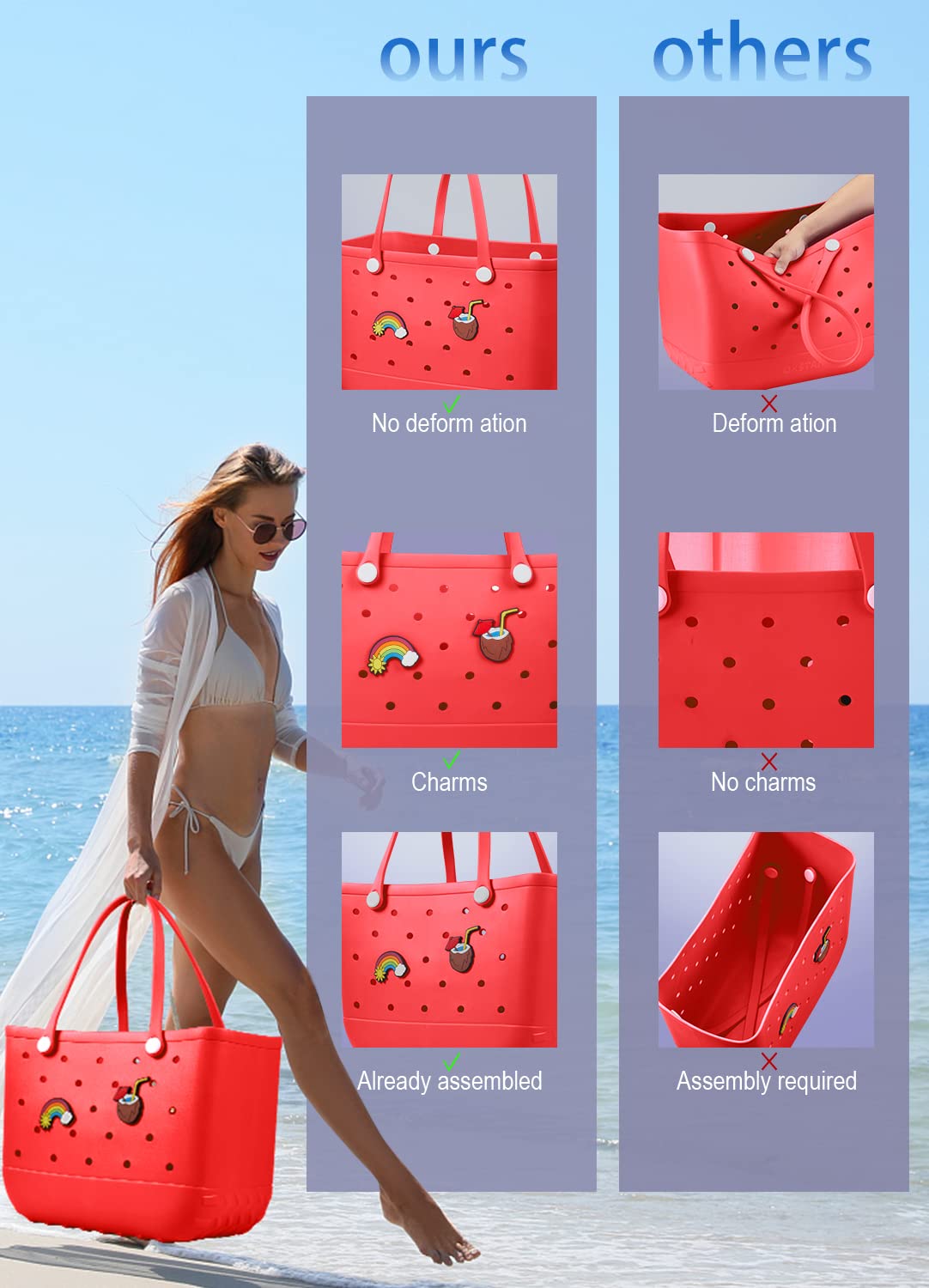 EVA Beach Tote Bag for Swimming, Pool & Travel – Waterproof Washable Rubber Handbag with 2 Random Charms, Lightweight & Sand-Resistant (Red) | Other Colors — image 3
