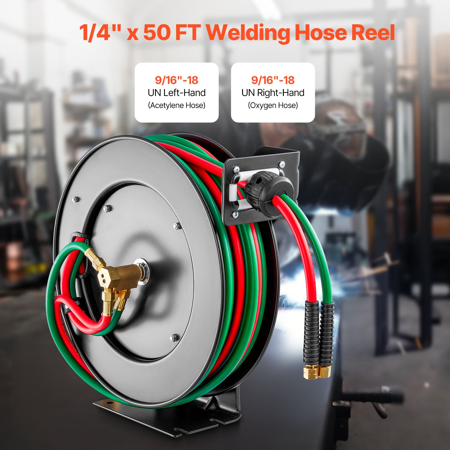 Retractable Welding Hose Reel 1/4 in x 50FT Oxygen Acetylene Rubber Hose R Grade — image 2