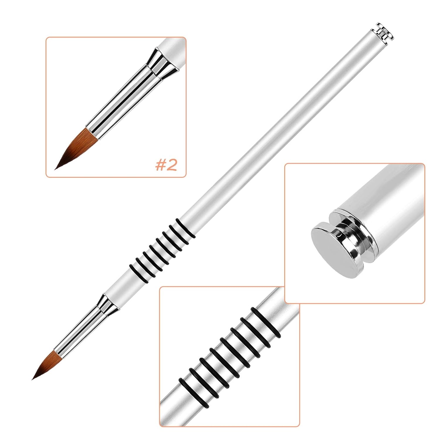 3D Nail Art Brush for Acrylic Powder, Kolinsky Acrylic Nail Brush, Silver Metal with Non-Slip Handle (Size # 2) — image 2