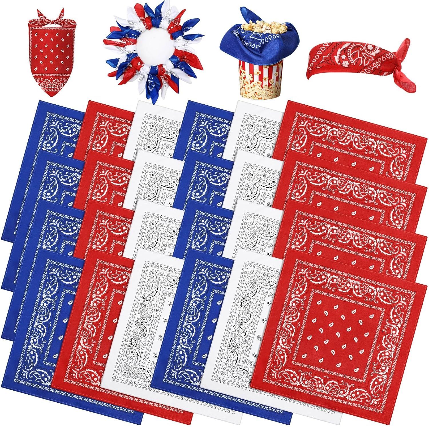 24 Pcs Paisley Bandanas Red White Blue Headband for Men and Women 4th of July 250 Anniversary Versatile Decoration Handkerchief Patriotic Bandana for Tabletop