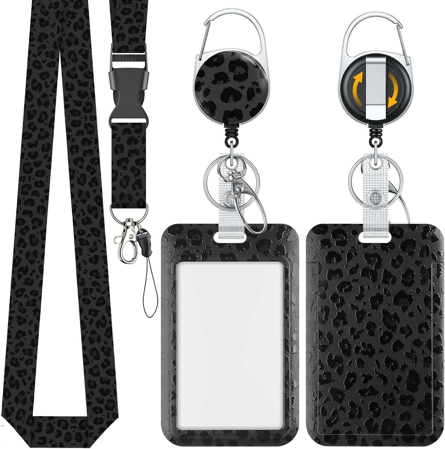 Fashionable Sliding Badge Holder Black Leopard Print Plastic Card Holder with Retractable Badge Reel Carabiner & Detachable Lanyard Vertical Card Protector for
