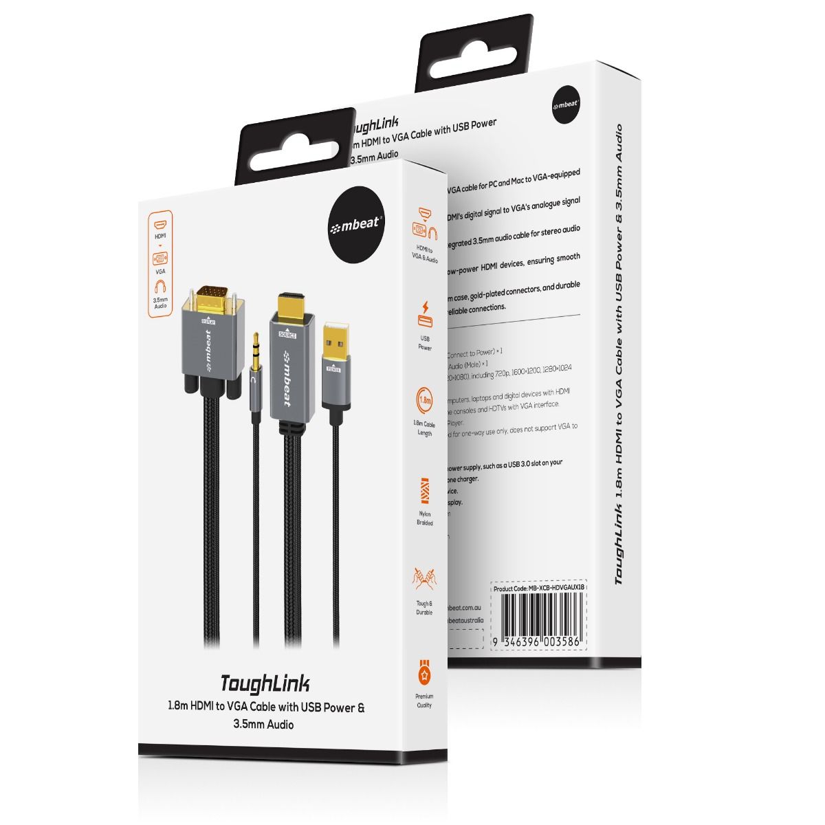 mbeat Tough Link 1.8m HDMI to VGA Cable with USB Power & 3.5mm Audio — image 5