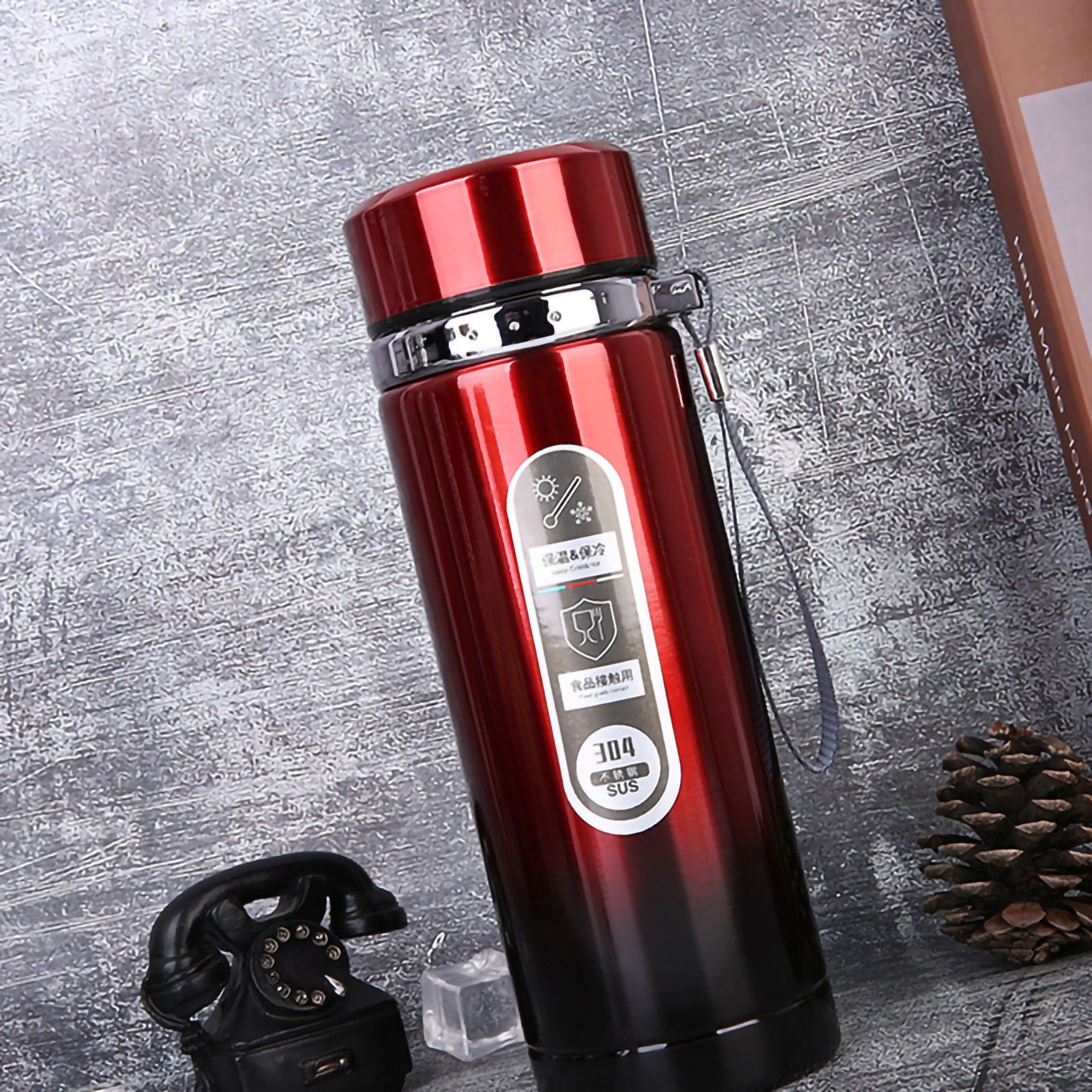 Vacuum Cup Stainless Steel Portable Large Mouth Insulated Bottle with Hand String for Business Travel Office Daily Red 1000ml — image 2