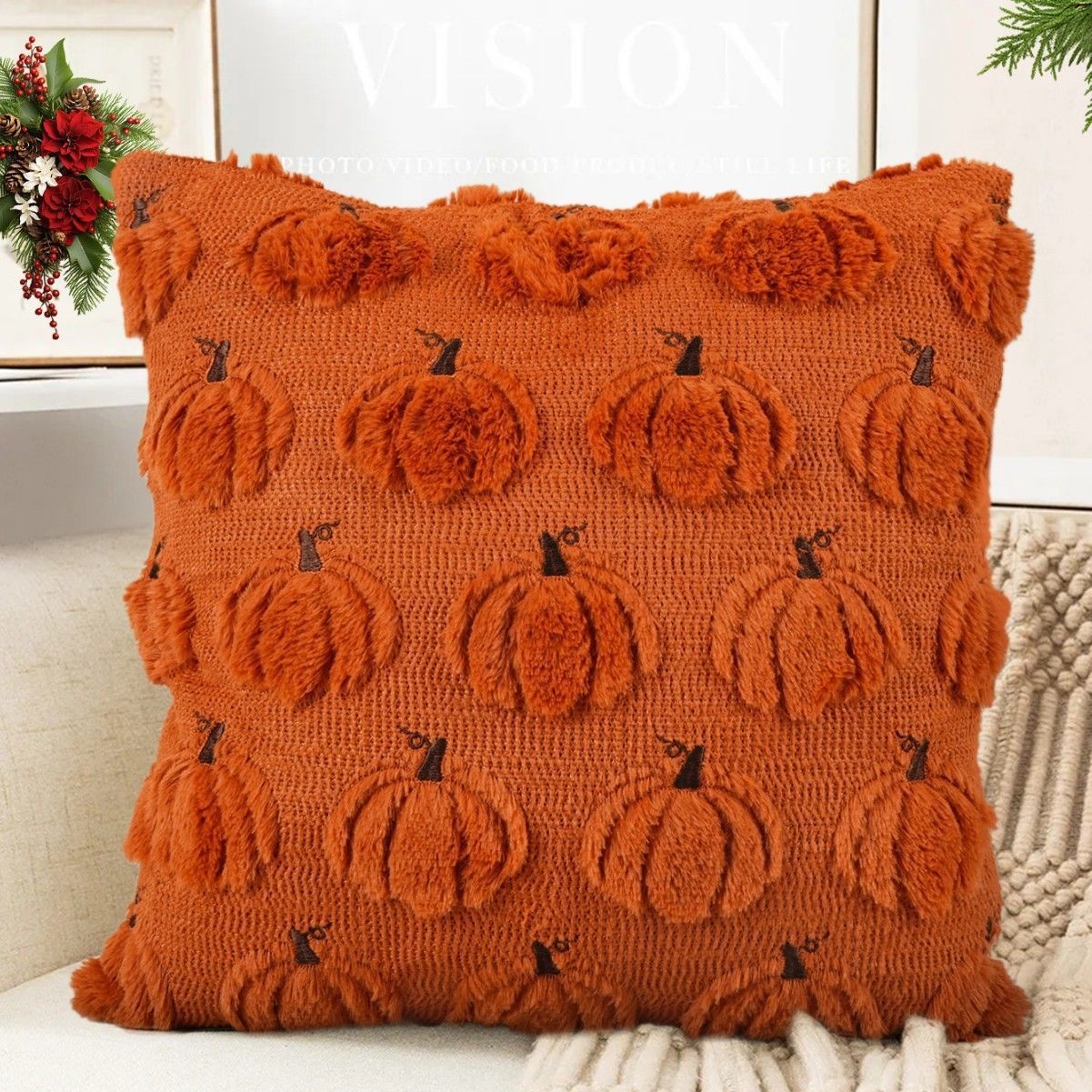 2PCS Halloween Themed Short Plush Pillow Cover, Pumpkin Pattern Decorative Cushion Shell, Suitable For Sofa Living Room Bedroom, 45 × 45cm, Pillow Insert Not