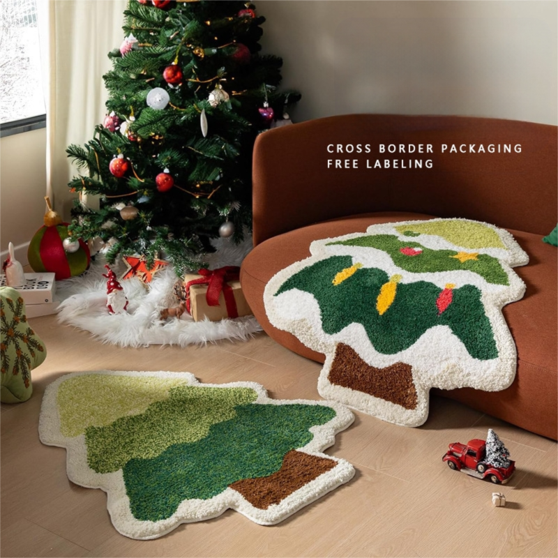 Green Christmas tree style Festive Christmas Shaped Floor Mat - Plush Non-Slip Holiday Accent Rug(Style 2) — image 2