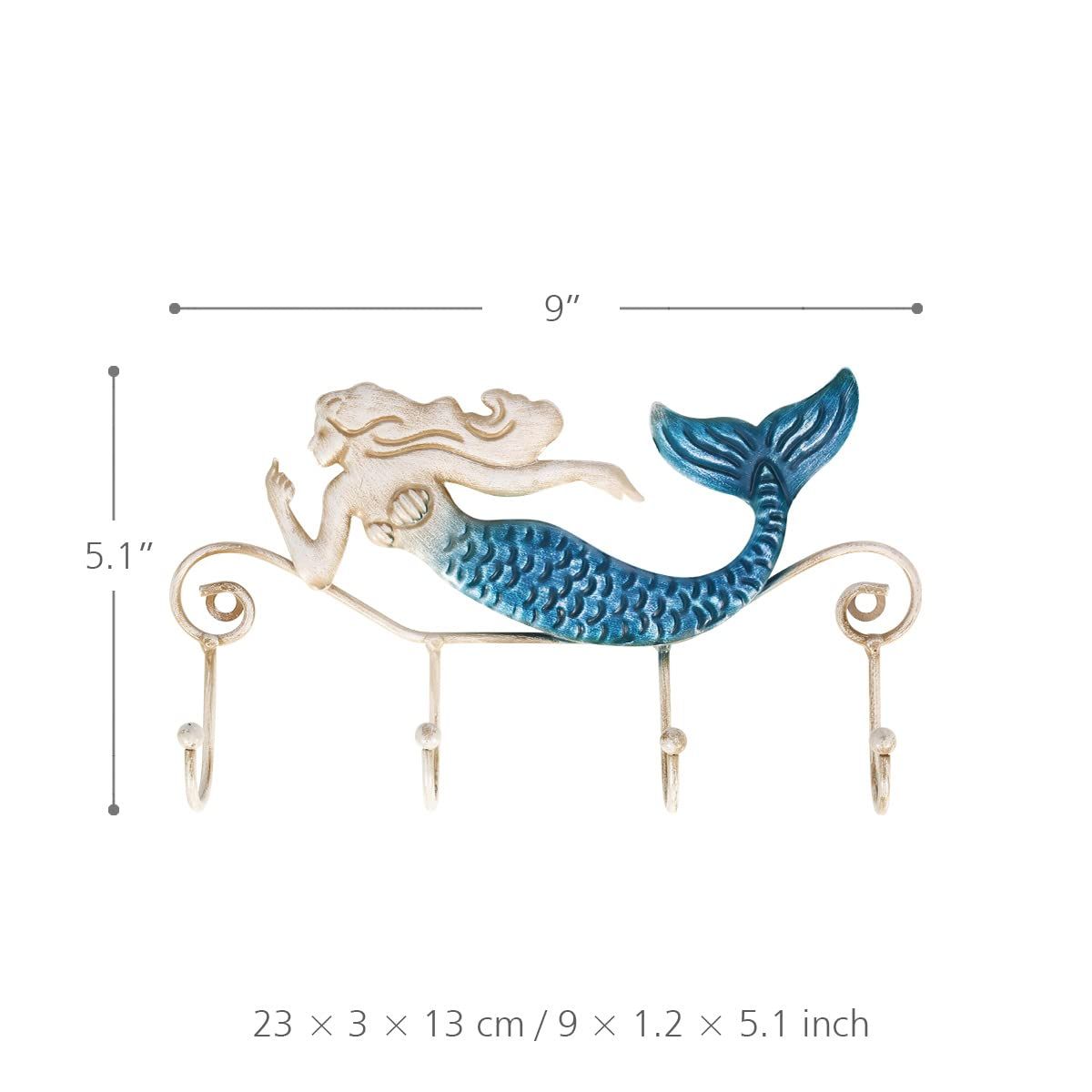 Wall Mounted Key Holder Iron Mermaid Wall Decoration 4 Hooks for Coats Towels Bags Wall Mount Clothes Holder Screws Included — image 2
