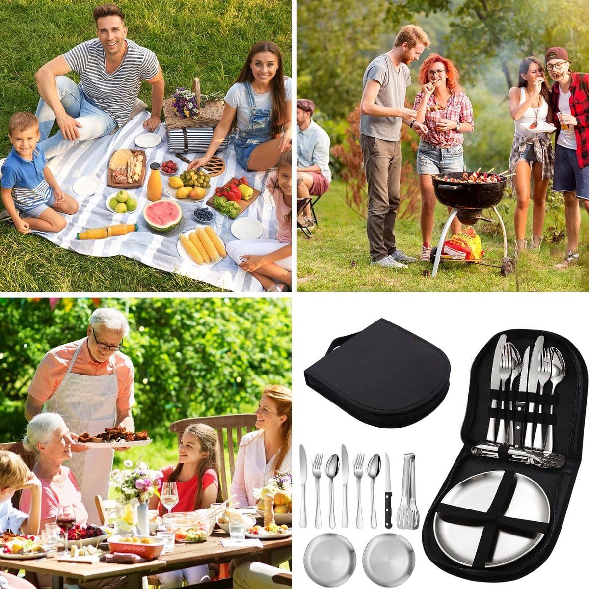 10 Pieces Stainless Steel Camping Cutlery Set with Forks, Spoons, Knives, Plates, Clip and Storage Bag for Outdoor Travel, Hiking and Picnics — image 4
