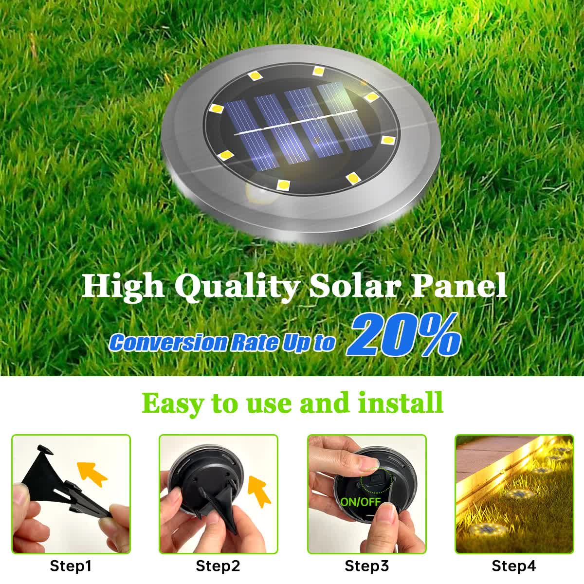 4-Pack Solar LED In-Ground Warm Yellow Light Set (Single 7.1x7.1x6.1cm) - Stainless Steel Waterproof Outdoor Garden Pathway and Landscape Spike Lamp — image 4