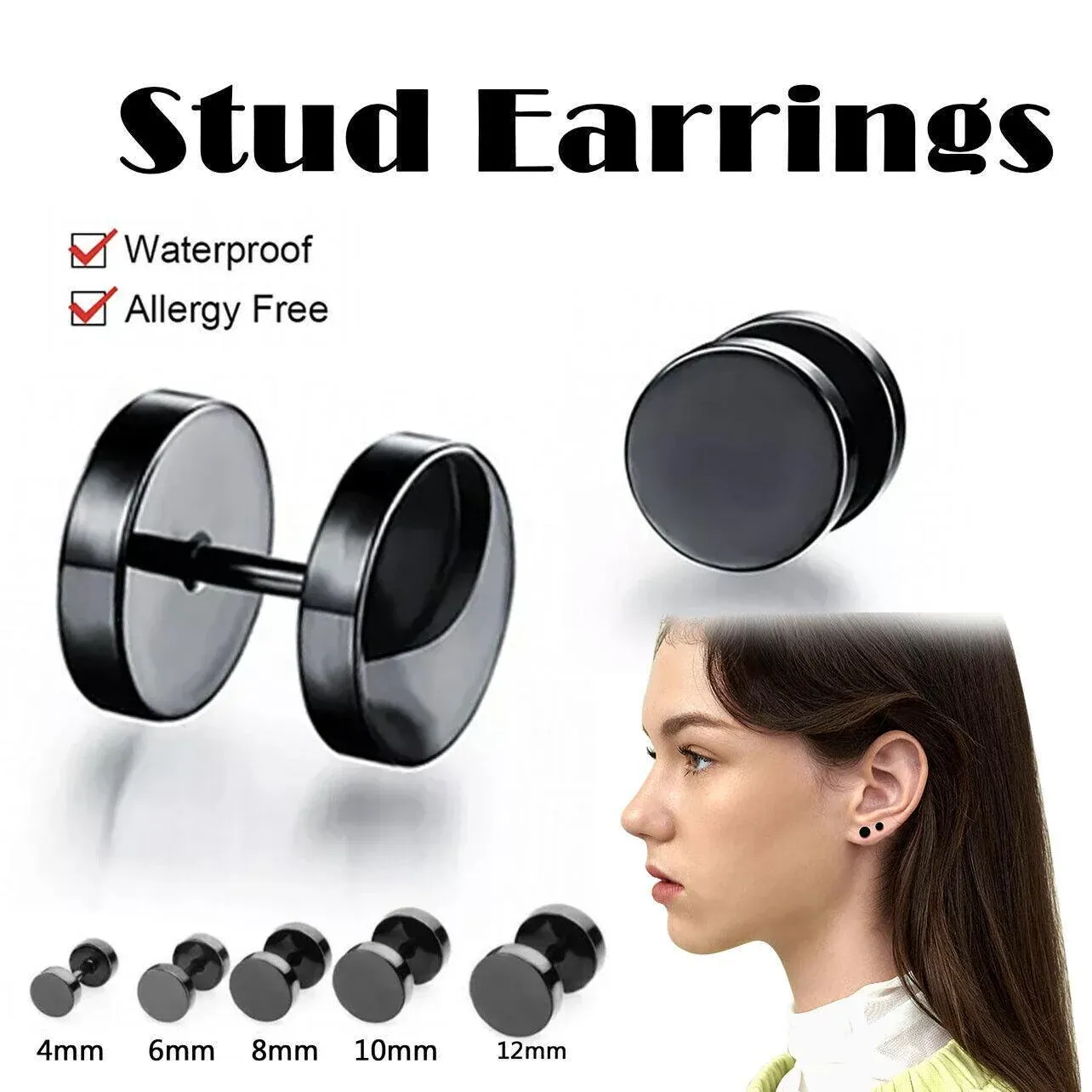 Pair Black Flat Round Barbell Plug Stud Earrings Stainless Steel Mens Gym 4-12Mm - 8mm โ image 2