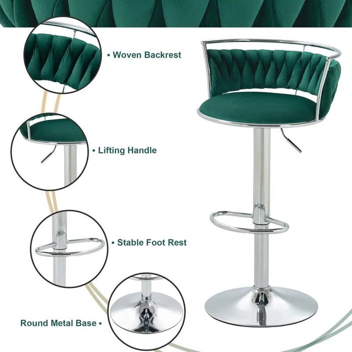 SERENITà Silver Swivel Upholstered Velvet Adjustable Height Counter Stool with Metal Frame Emerald Green (Set of 2) — image 5