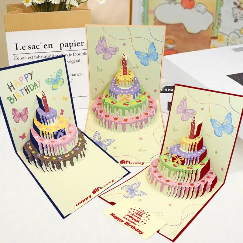 6-Pack Up Butterfly Birthday Cake Greeting Cards, Handmade Paper Gift Cards—Yellow — image 2