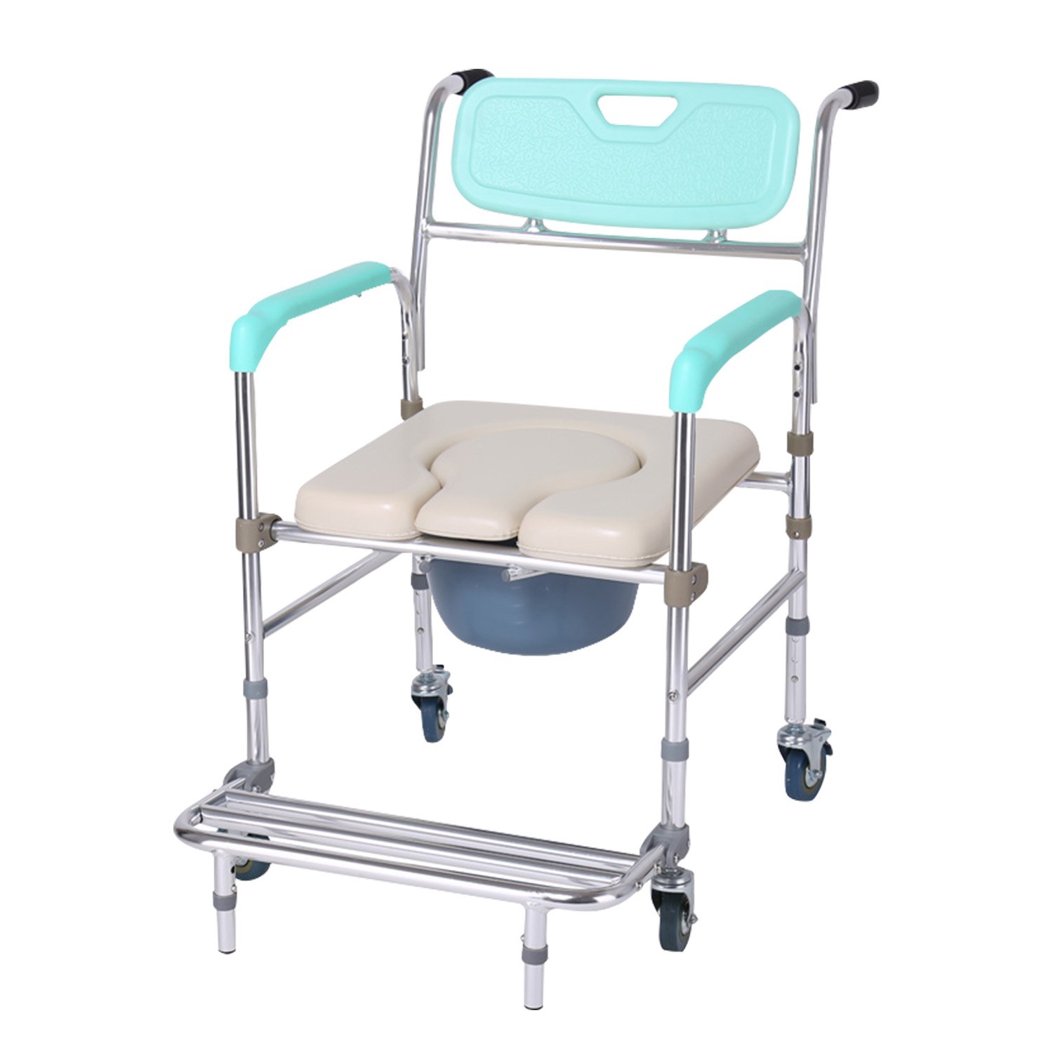 Orthonica Heavy Duty Aluminium Commode Chair with Wheels Castors Footrest & Bucket 136kg Mobile Toilet Chair Aid