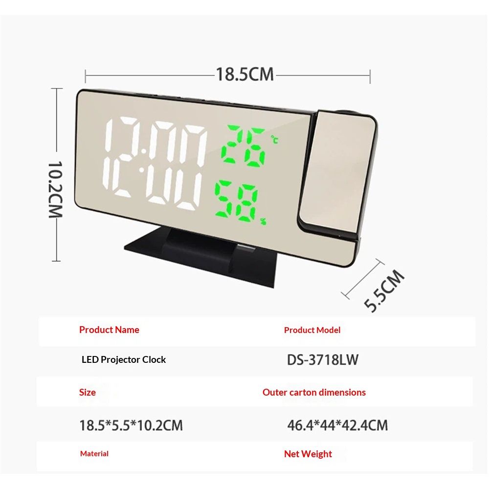 Digital Projection Alarm Clock with Temperature and Humidity Display, white LED Display，The Projection That can be Turned — image 5