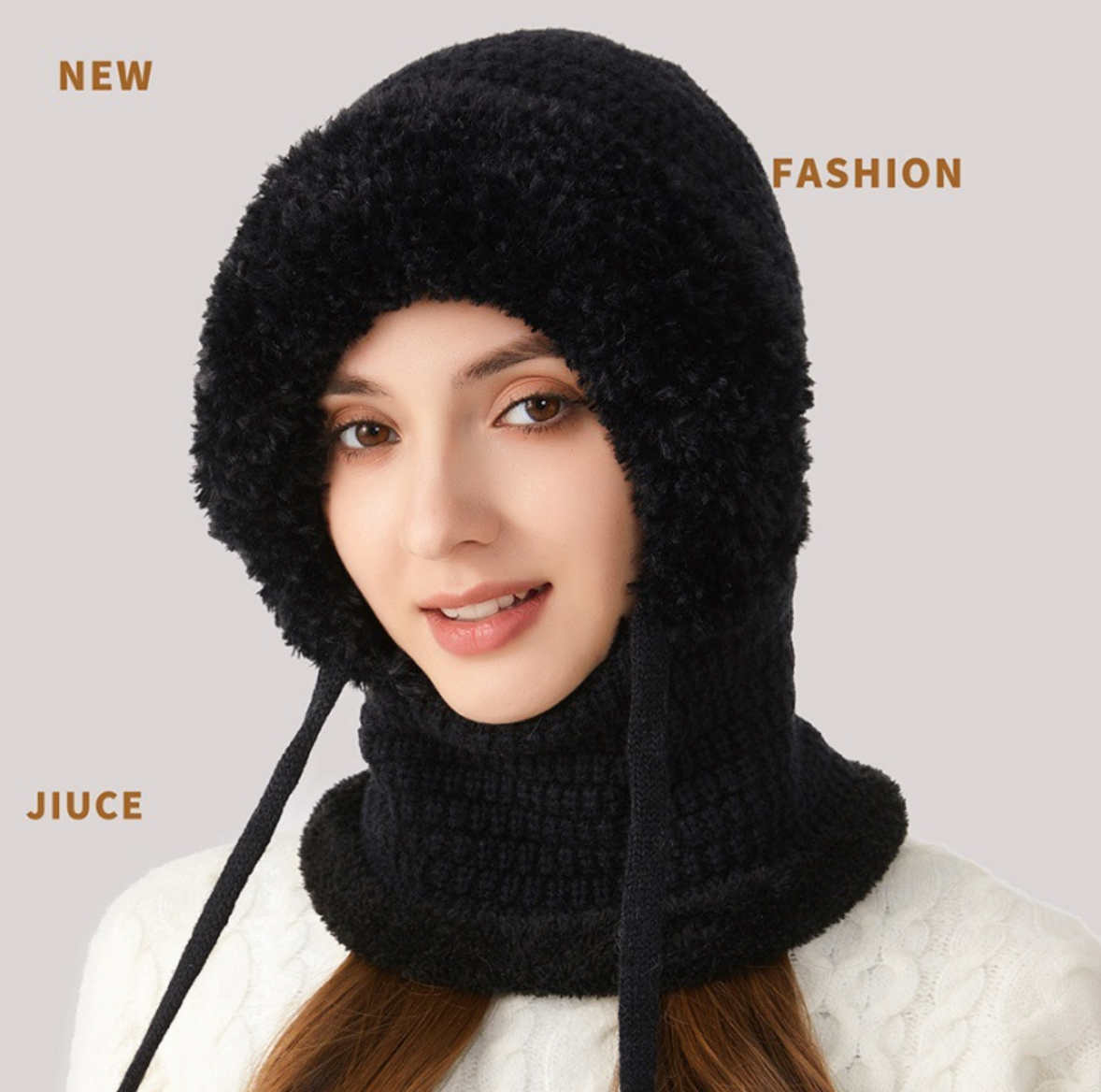 Winter Corn Velvet Hooded Scarf Mask Set - Thick Fleece Lined Knit Cap for Women - Warm Balaclava Neck Warmer for Extreme Cold - Black