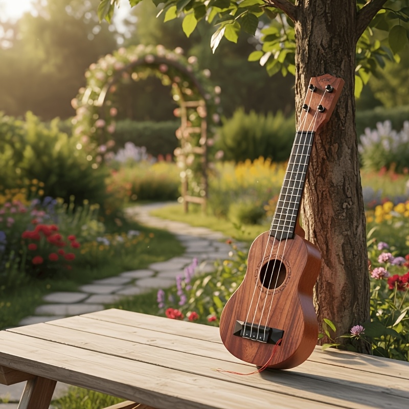 Wood color 17-inch Playable Ukulele Mini Guitar, lightweight and portable. Features comfortable nylon strings, includes a pick, and has open-style tuning pegs — image 3