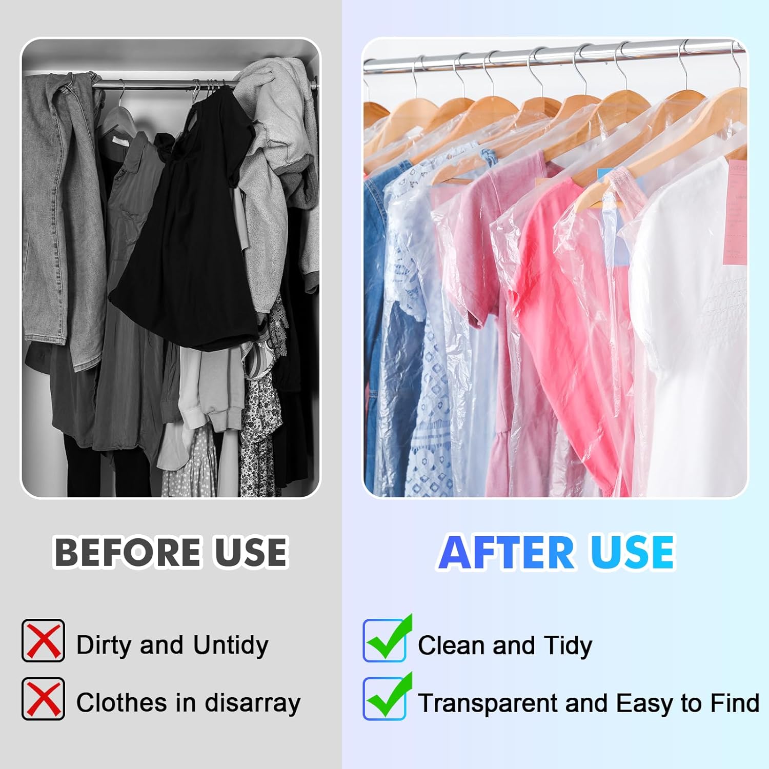 30 Pack Clear Garment Bags, 23.6 × 59.1 Inch Plastic Garment Bags Dustproof, Long Clothes Covers, Waterproof Suit Cover Bag, Moth Proof Coat Bag for Shirts — image 6