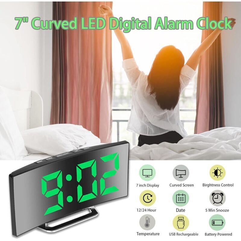 Digital Alarm Clock For Bedroom, 7'' LED Mirror Screen, 2 Brightness, Temperature, DAte, Usb Powered, Memory Function — image 3