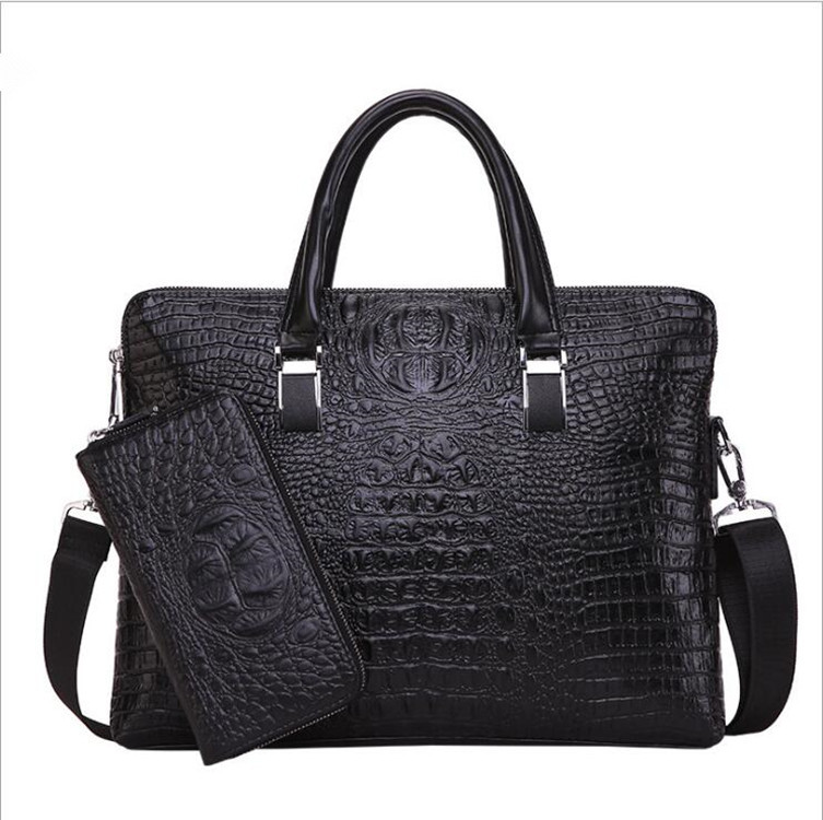 Black Men's Luxury Crocodile Embossed PU Leather Briefcase(39 x 8 x 28 CM) With FREE Crocodile Wallet - Dual-Zip Business Shoulder/Crossbody Laptop Bag (Fits