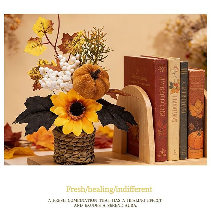 Autumn artificial mini potted plant, woven basket paired with sunflowers, pumpkins, and maple leaves, full and realistic petals, no maintenance required โ image 5