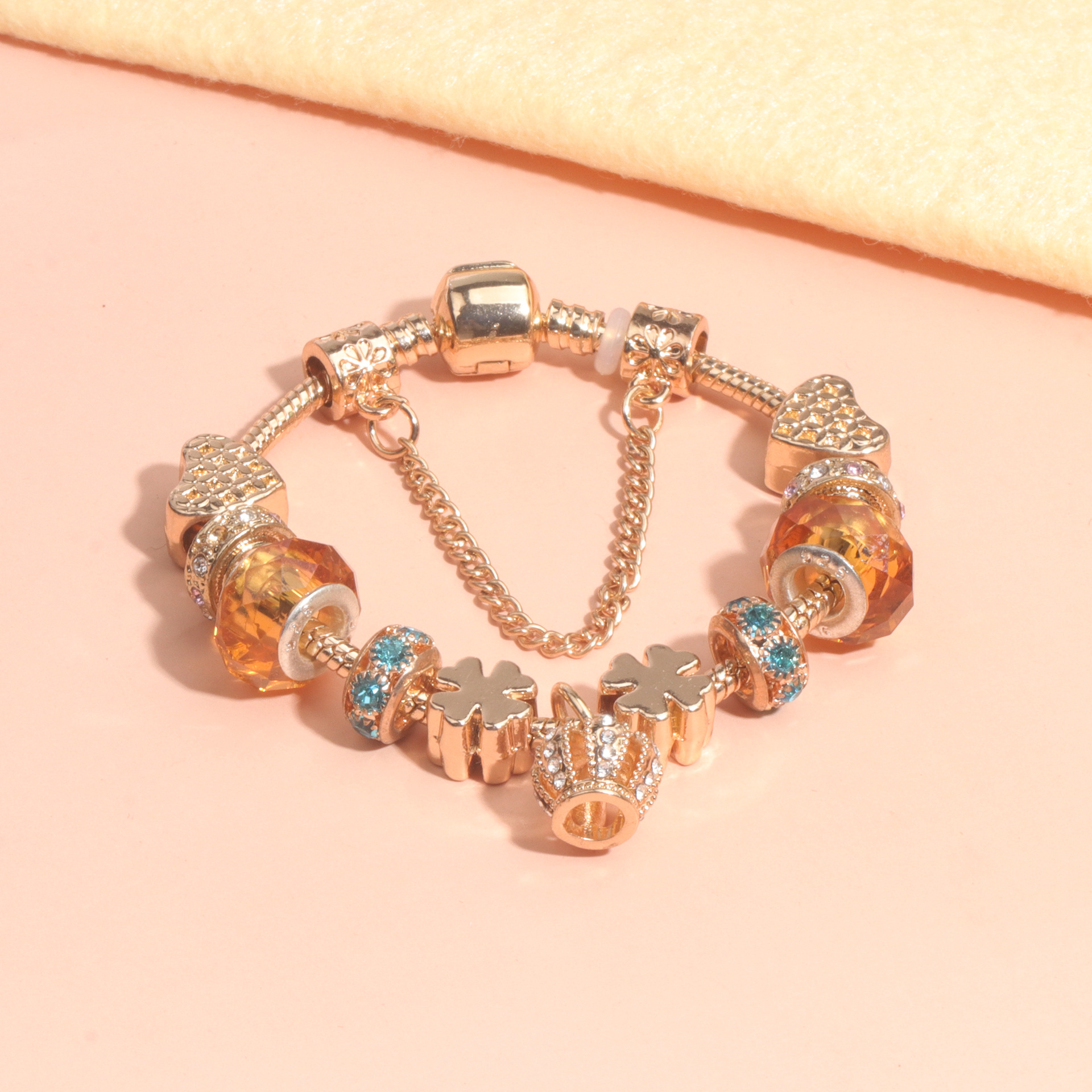Rhinestone Gold Heart Glass Beaded Bracelet with Crown Pendant(17cm) — image 6