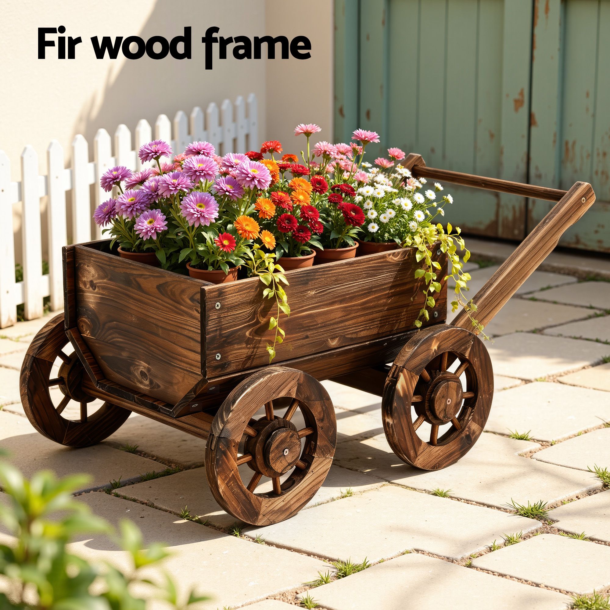 Gardeon Wooden Planter Cart Garden Decor Plant Stand Flower Fir Wood Wagon Wheels L โ image 4