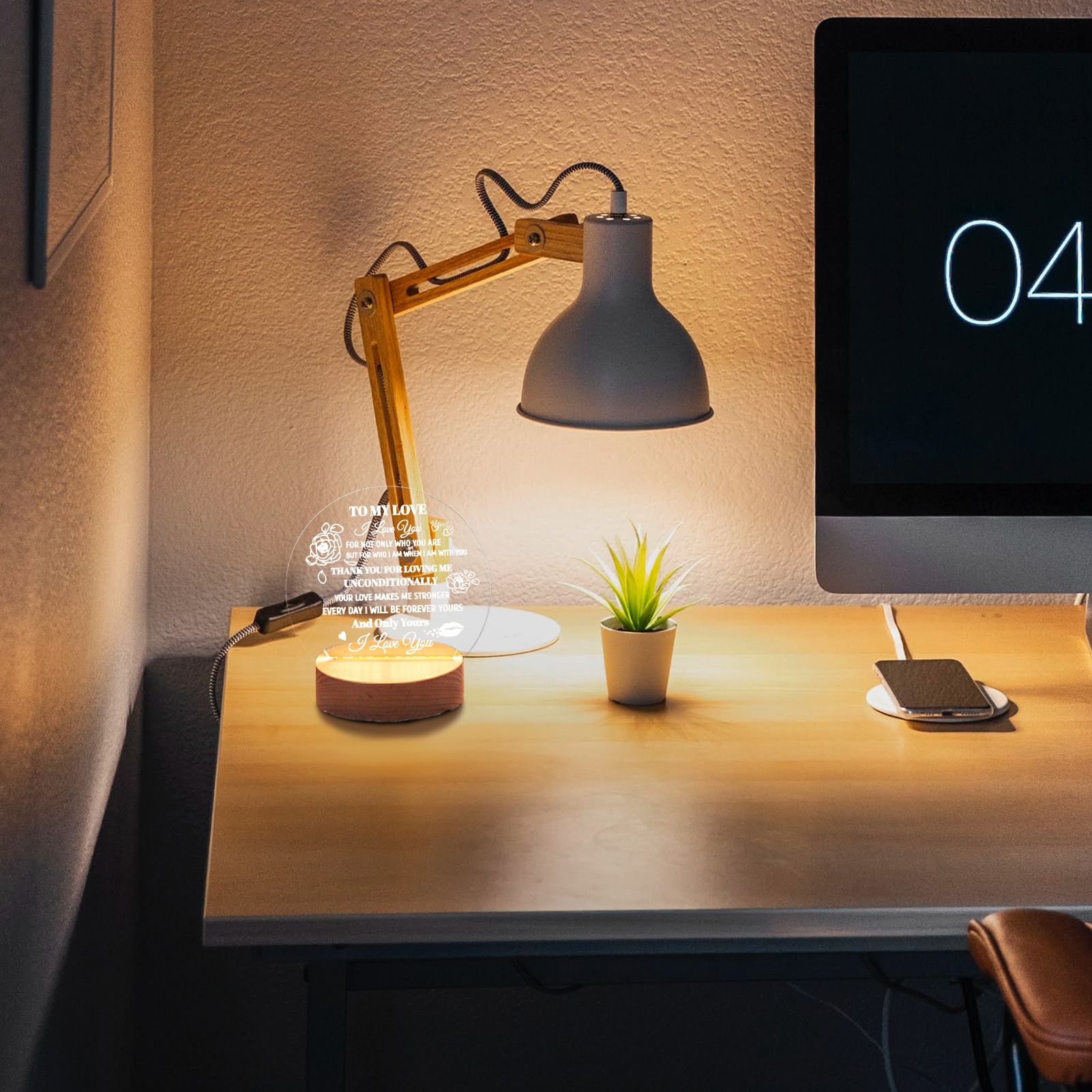 Decorative Night Light Acrylic Plate Wooden Base Warm Light Lamp for Bedroom Study Room — image 3