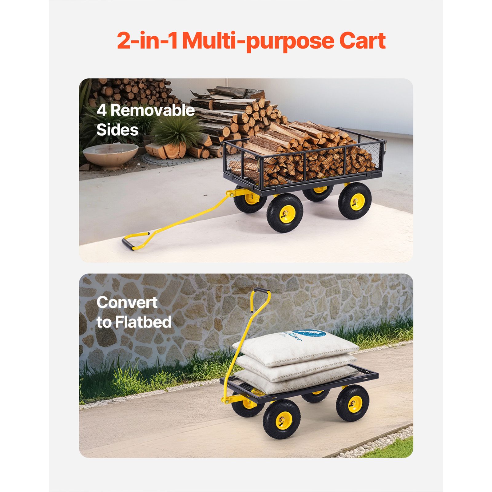 900 Lbs Heavy Duty Steel Garden Cart, Garden Wagon Cart on Wheels, Outdoor Metal Yard Utility Wagon Carts with 10" Tires and Mesh Removable Sides(Convert to — image 3