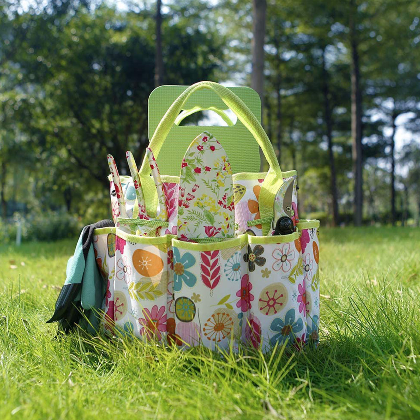 Green 9-Piece Floral Garden Tool Set for Women – Complete Gardening Kit with Tote Bag, Pruners, and Gloves — image 3