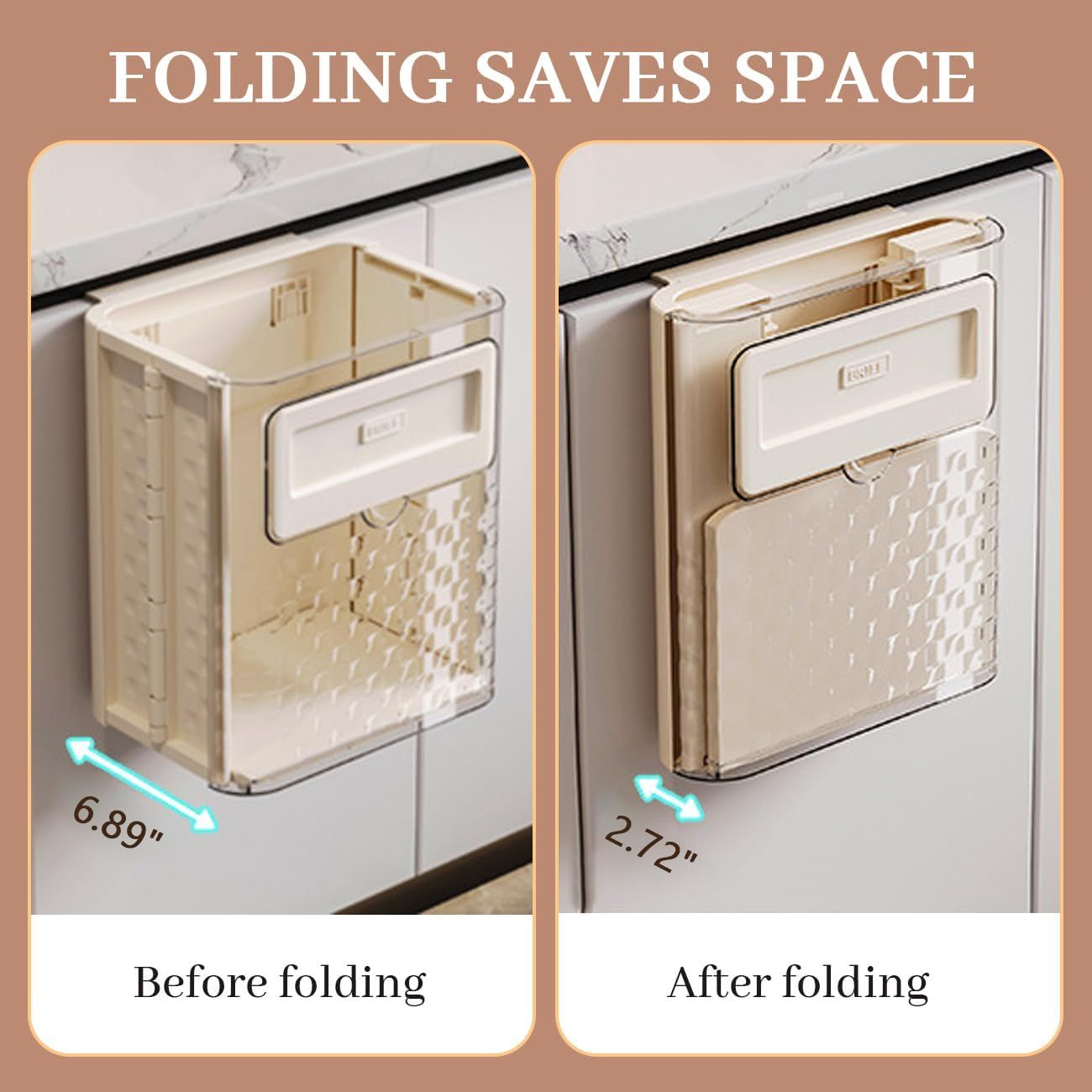Folding Hanging Trash Can, Kitchen Cabinet/Car/Bedroom/Bathroom Folding Hanging Small Plastic Trash Can (off-white) — image 2