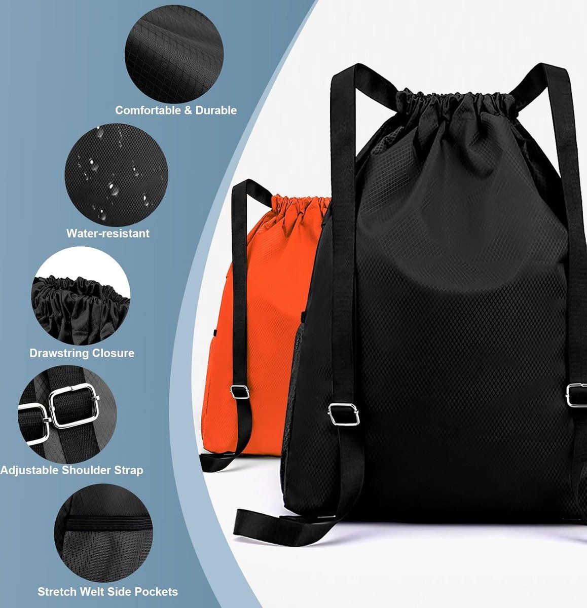 Drawstring Gym Backpack, Water Resistant Sports Bag With Wet Dry Compartment And Multiple Pockets, For Men And Women Travel Swim Yoga, Black, 18.5 in โ image 2