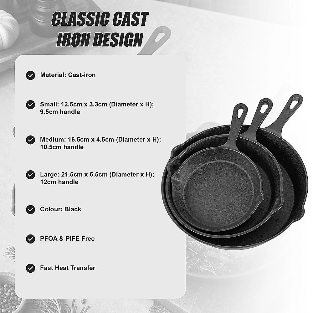 Chef Cast Iron Frying Pan Set – 3PCS Skillet, Grill & Oven Cookware for Home Cooking — image 4
