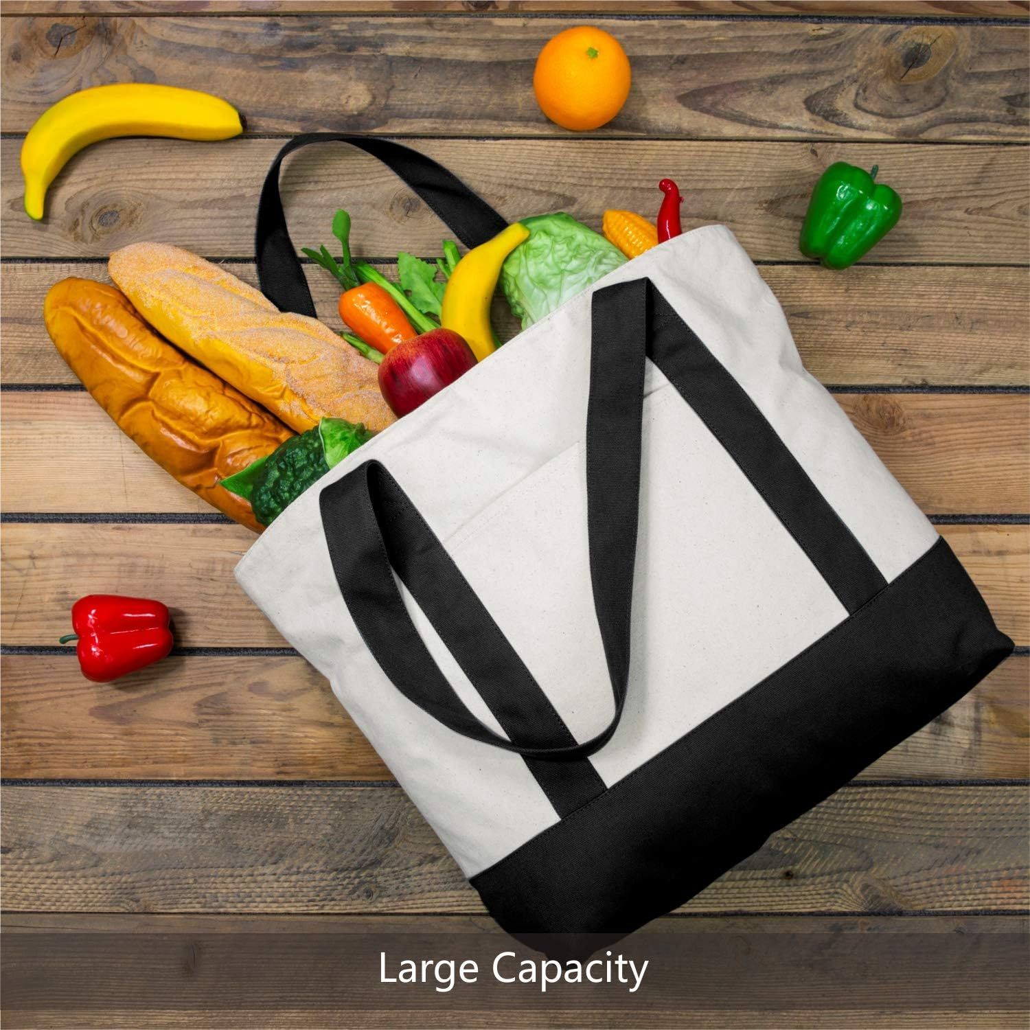 1 | 3 | 6 | 30 Pack Canvas Tote Bag with an External Pocket, Reusable Grocery Shopping Bag, Top Zipper Closure, Daily Essentials (Black/Natural Pack of 1) — image 5