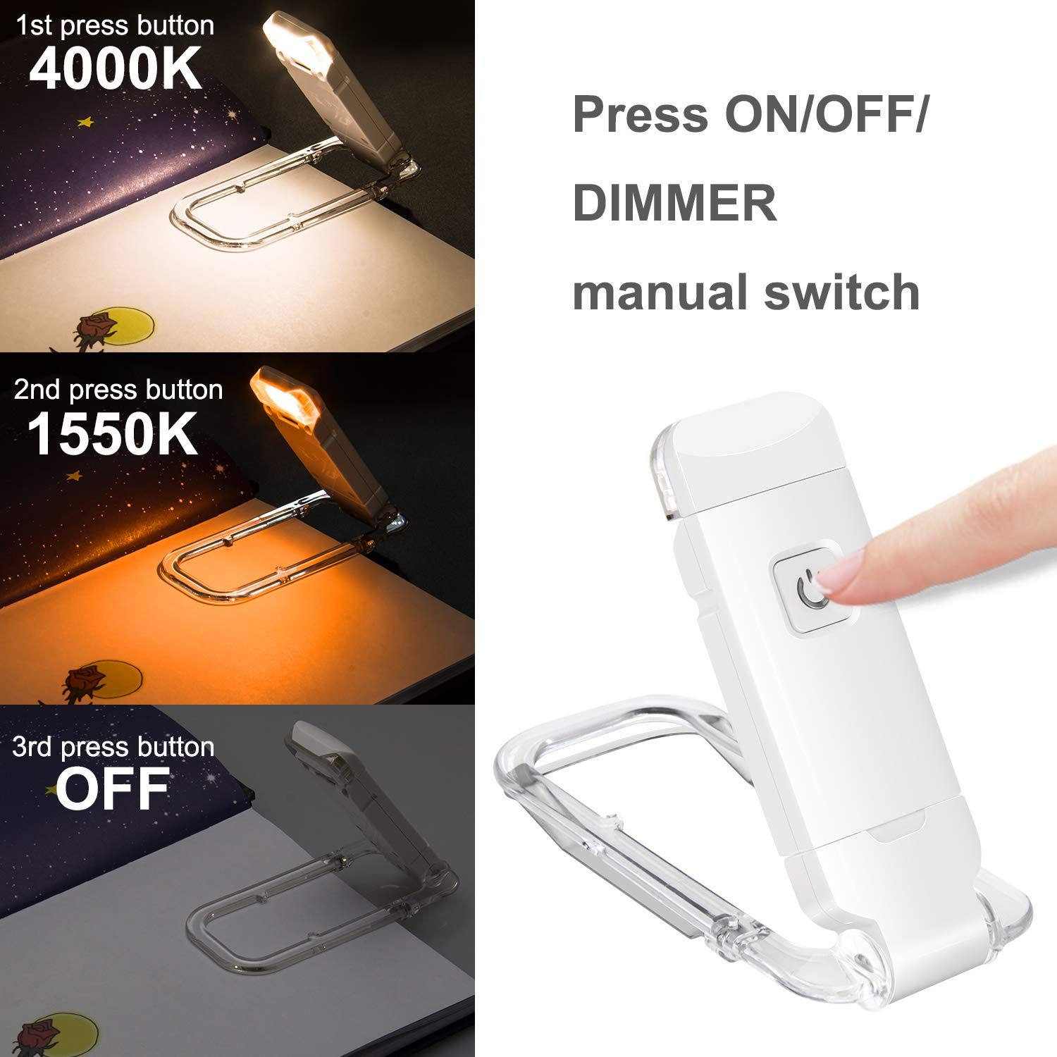 LED Clip on Book Lights, Reading Lights for Books in Bed, Small Book Light for Kids, USB Rechargeable, 2 Brightness Adjustable — image 2