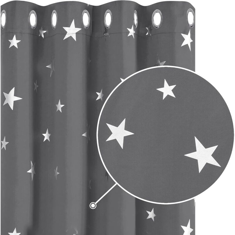 2 pcs Set Thermal Blackout Curtains Anti Cold Silver Star Pattern Eyelet Curtains 132 × 245Cm Light Grey